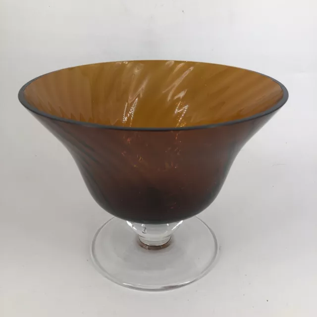 Vintage Handblown Art Glass Footed Pedestal Compote Bowl Candy Dish Brown Amber