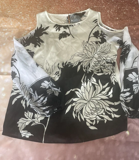 BLACK WHITE blouse chiffon sleeves Lipsy size 14 cold shoulder