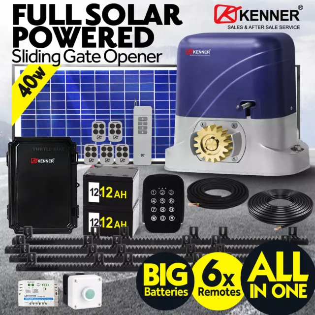 KENNER Full Solar Sliding Gate Motor/Opener 4/5/6/7m Rack 6x Remote Keypad AU