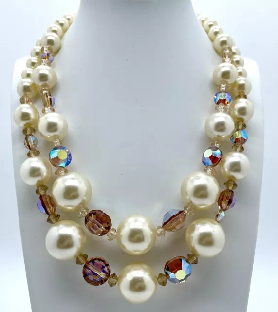 Vintage Estate Pearl & Crystal Lg Bead Stunning Statement Necklace Free Clip Ons