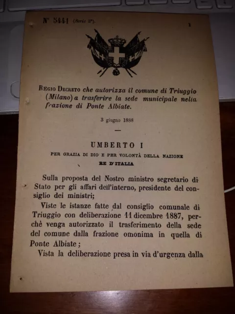 Regio Decreto 1888 Aut Comune Triuggio Milano Trasferire Sede Fraz Ponte Albate