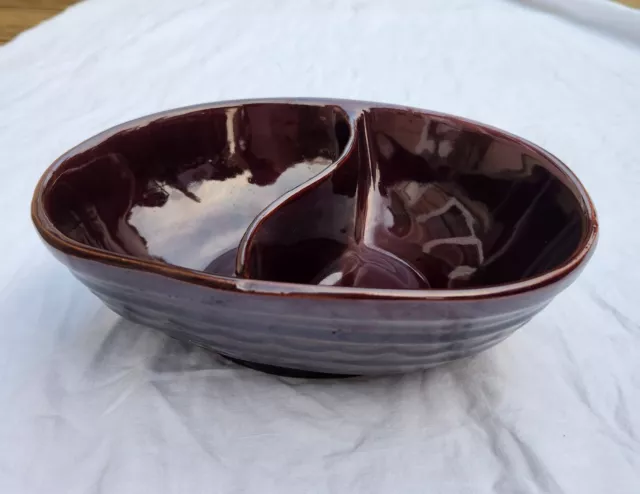 NEW Vintage Brown Daisy & Dot Marcrest Oven Proof Stoneware Divided Serving Bowl