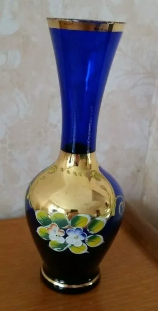 Cobalt Blue Bohemian Gilded Glass Vase with Enamel Painted Flowers