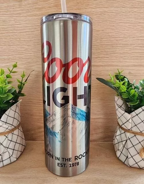 Silver Coors Light Beer Can Drink 20 Oz Stainless Steel Tumbler Cup +Lid & Straw