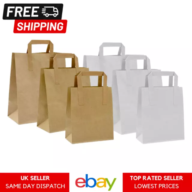 Brown & White Paper Bags With Flat Handles Paper Party Bags Gift Takeaway 50 PCS