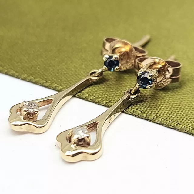 Ladies Earrings Yellow Gold 9ct (375,9k) Natural Sapphire & Diamond Drop Studs