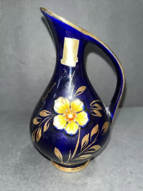 Halbach Geschenke COBALT Porcelain Pitcher-With Gold Trim And Flower With Jewels