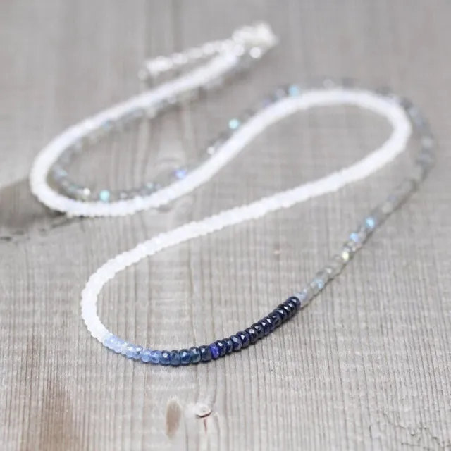 Collana con pietra di luna arcobaleno naturale+zaffiro blu+pietra preziosa...