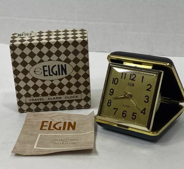 Vintage Elgin Travel Alarm Clock Japan Working Clam Case Wind Up No. 8324 Box