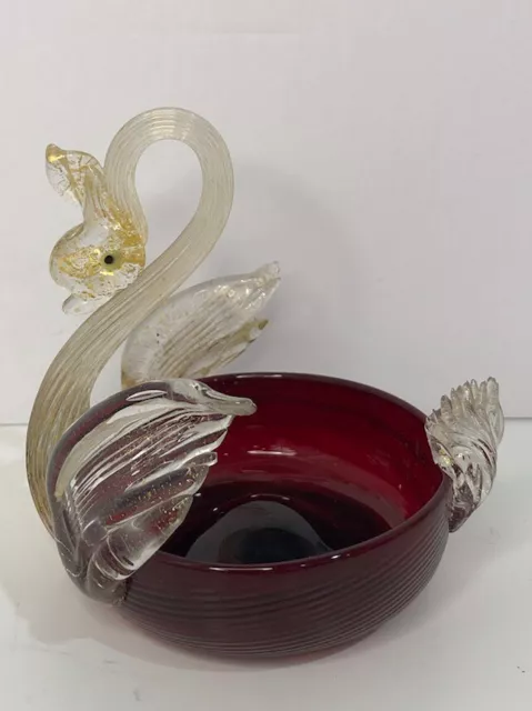 G Giacobbe Murano Venetian Art Glass Red Gold  Aventurine Swan Bowl Vintage