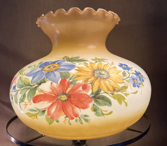 Vtg Groovy GWTW Yellow Blue Red Flowers Glass Lamp Shade 9 3/4” Fitter 13” D
