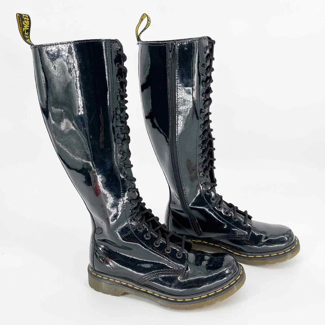 RARE DR MARTENS Black Patent Leather 1B60 20 Eye Knee High Combat