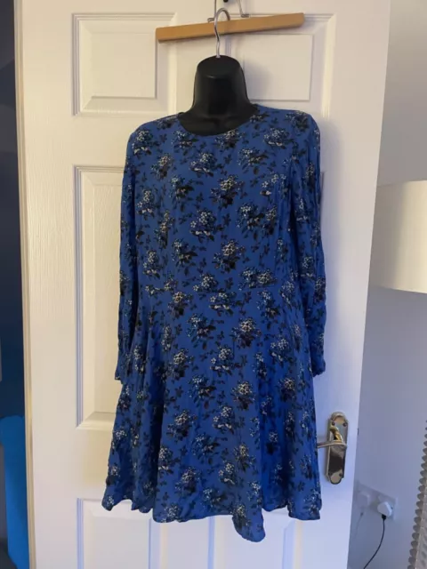 Oasis Blue Floral Dress Long Sleeved Fit & Flare Excellent Condition Size 12