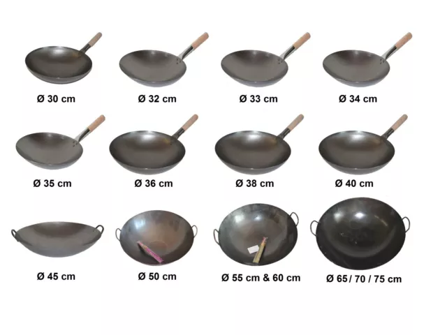 Wok Pfanne Ø 30 - 75 cm rund Asia Gastronomie Gasherd Carbon Stahl Eisen