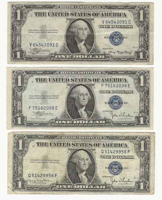 1935 $1.00 SILVER CERTIFICATES series 1935A, C, D, E, F and G - 6 TOTAL