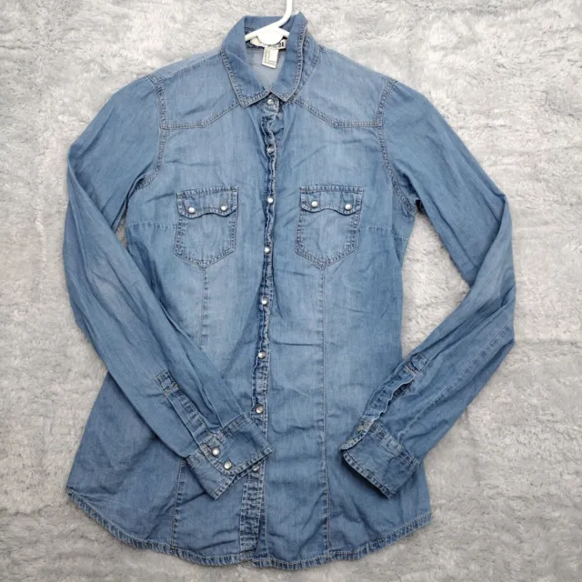 Forever21 Top Women Small Pearl Snap-Up Blue Jean Denim Shirt