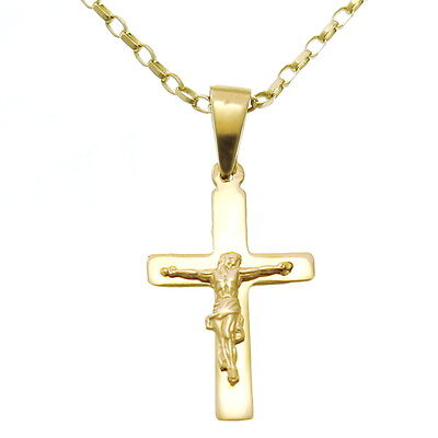 9CT Or Croix Crucifix Collier Pendentif Avec 18 " Chaîne Or