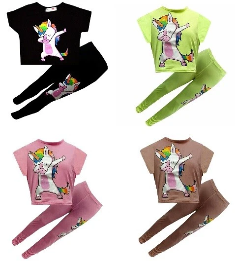 Girls Kids Dab Unicorn Top & Leggings Summer Outfit Pink Yellow Sale Age 6-13