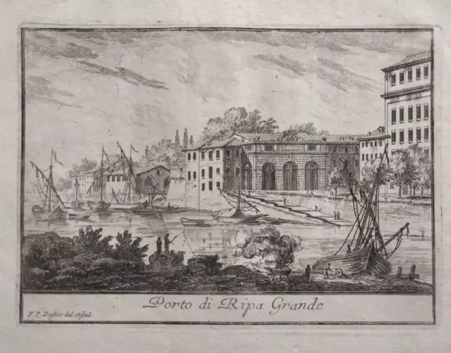 1790 F.p. Duflos Acquaforte Roma Veduta Del Porto Di Ripa Grande