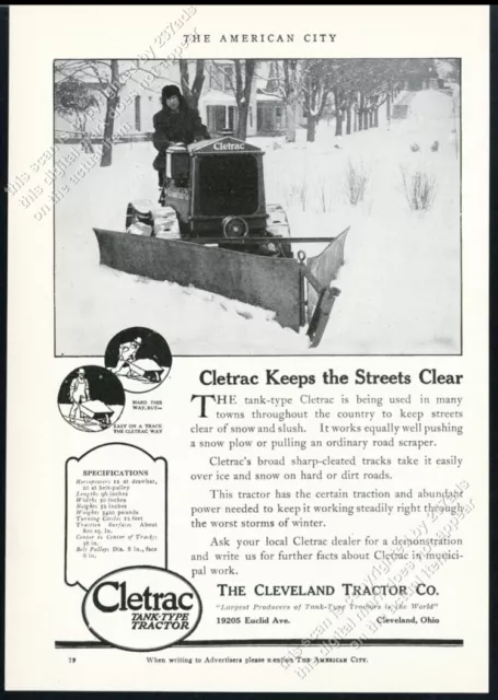 1921 Cletrac crawler tractor snowplow photo vintage trade print ad