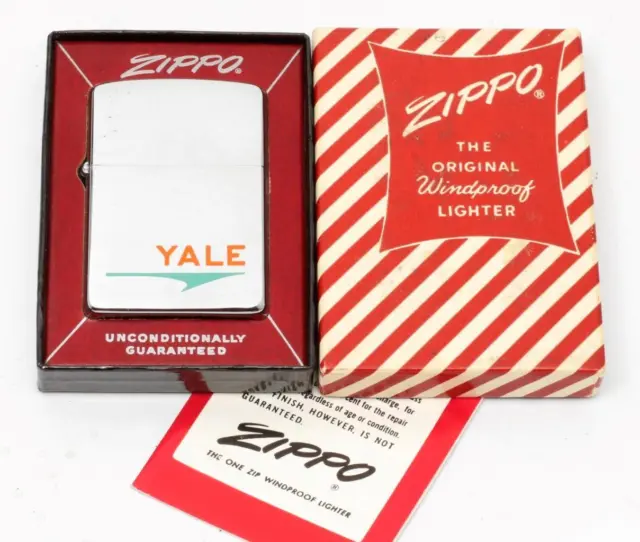 Vintage 1960 Zippo Lighter Yale Advertising Brushed Chrome UNLIT in BOX