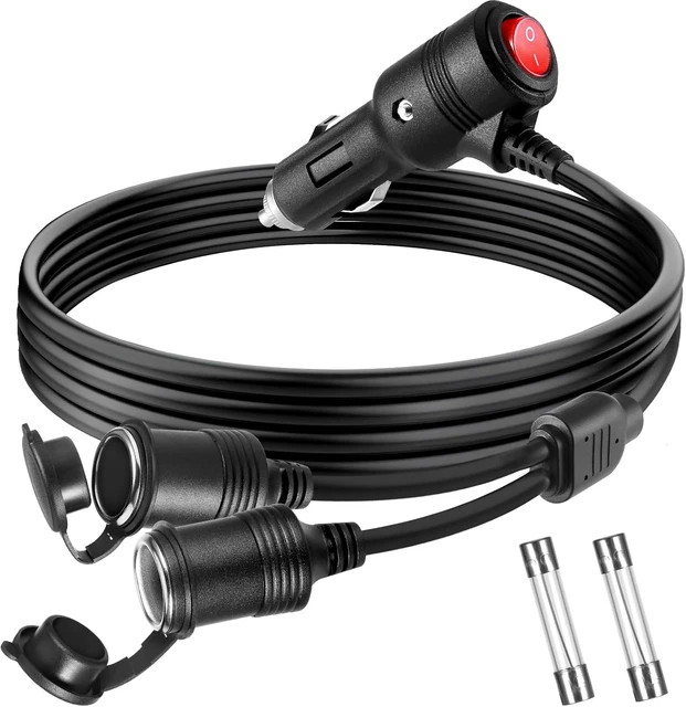 Prolunga Doppia Per Accendisigari Auto 12V/24V - Splitter 1 A 2 Con Interruttore E LED - Cavo Da 15 Cm, Fusibile Di Protezione - Per Auto, Moto, Camion, Barca