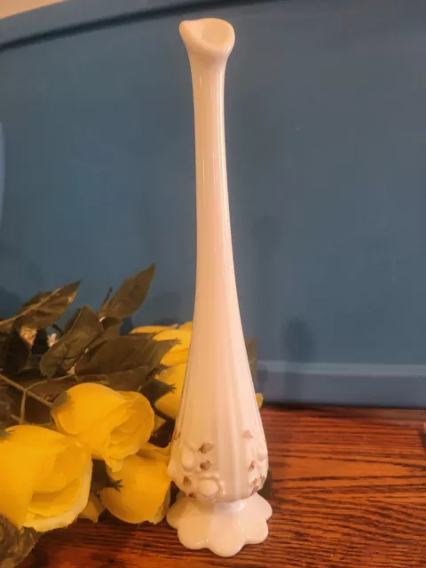 Vintage Fenton Pre Logo Raised Roses White Milk Glass Handpainted Swung Bud Vase