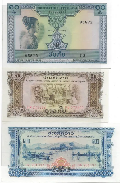 Laos 10,20,100 Kip 1962,8,75 ,P10,21,23 UNC.est $35.LA6a