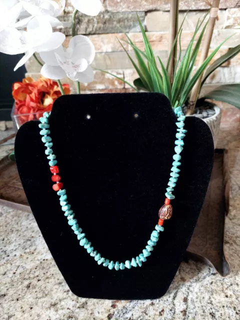 Turquoise Howlite 18 In Long Enhanced With A Tagua Nut And 3 Bamboo Coral Beads
