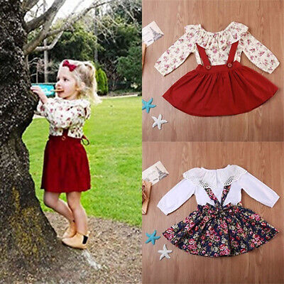 Toddler Kids Baby Girl Clothes Ruffle Shirt Top + Floral Suspender Skirt Outfits