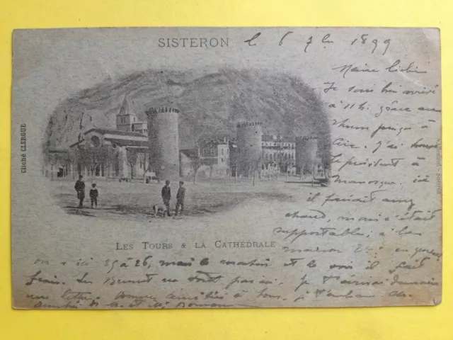 cpa RARE de 1899 GRAVURE EAU FORTE DESSIN SISTERON Les TOURS & La CATHEDRALE