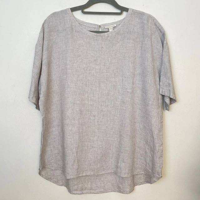 Eileen Fisher gewebte weiße Bluse Gitter kariert Bio Leinen Größe Large Top kastenförmig