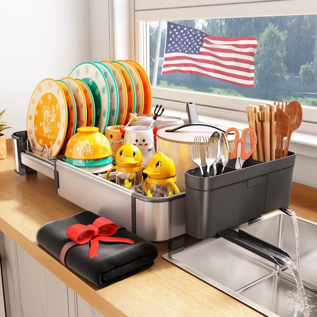 Expandable Rustproof Aluminium Large Sink Dish Rack with Dish Mat,Utensil Holder