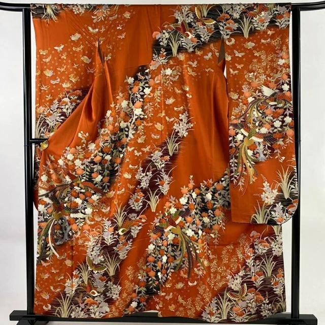 Japanese Kimono Furisode Pure Silk Chinese Phoenix Cherry Blossoms Reddish Brown