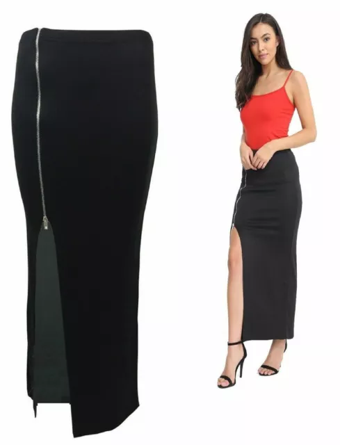 New Ladies Women Zip Front Split Side Slit Long Stretch Bodycon Look Maxi Skirt