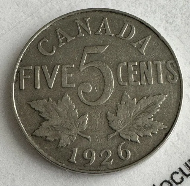 1926 Canada NEAR 6 Nickel - King George V Five Cent Coin