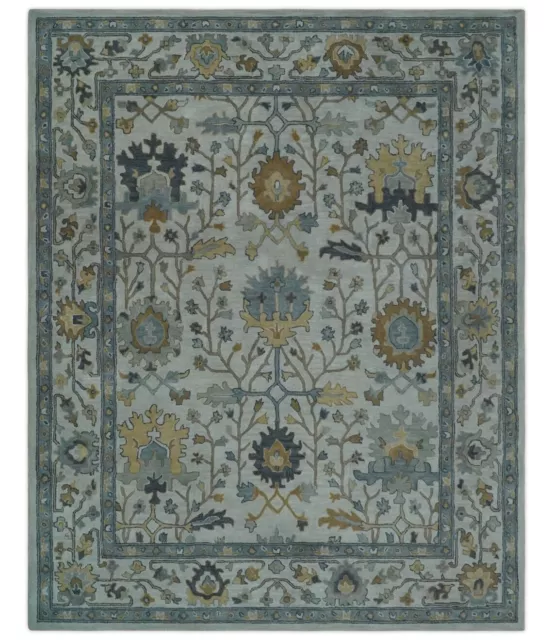 Hand Tufted Silver and Blue Donegal Oushak Rug, 8x10, 9x12 Multi Size Living