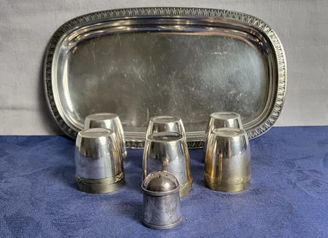 JOLI LOT composé d'1 PLATEAU, d'1 SALIÈRE GALLIA + 6 VERRES à LIQUEUR en ARGENT