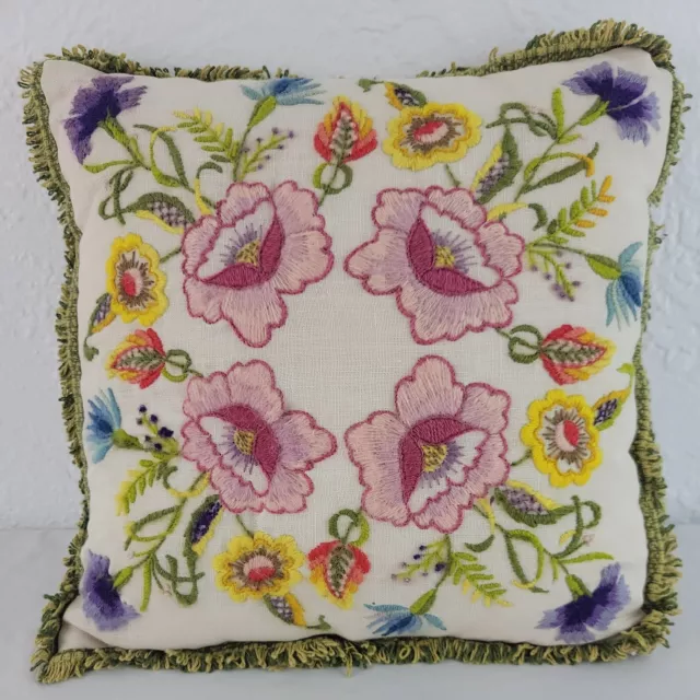 Floral Jacobean Crewel Pillow Linen Spring Handmade Pink Finished 13" Vtg