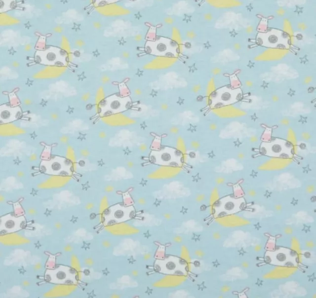 BOLT END 34 INCHES Cow Jumped Over the Moon on Light Blue Cotton FLANNEL Fabric