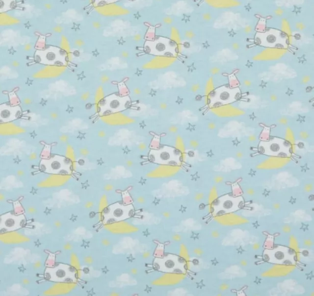 Cow Jumped Over the Moon on Light Blue Cotton FLANNEL Fabric by the Yard