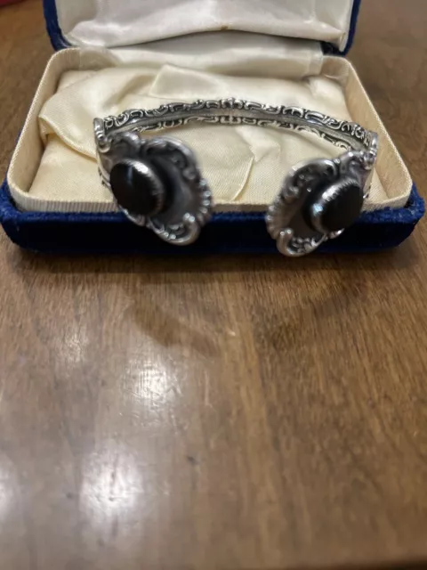 Sterling Silver Cuff Bracelet W/Oval Black Onyx Stones Artist Made Unisex