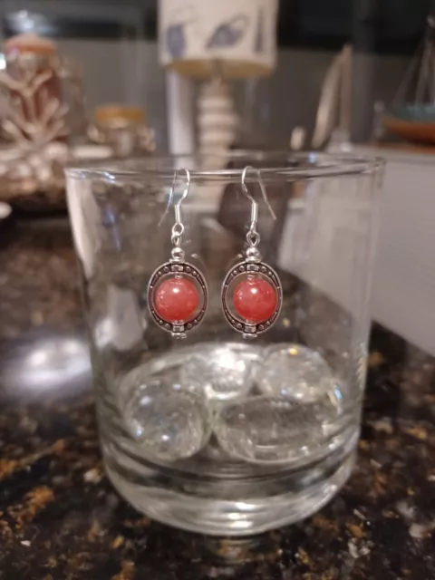 Lovely Pink/Red Rhodochrosite Ornate Earrings. Sterling Silver Hooks.