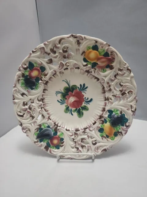 Vtg Italian Pottery Majolica Plate Fruit & Flower Retriculated Handpainted 11"