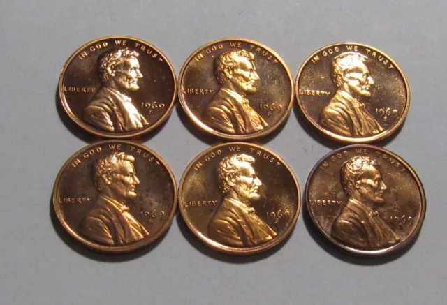 Lot of (6) 1969 S Lincoln Cent Proof - BU Condition - 18SA