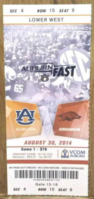 Auburn Tigers Football vs. Arkansas Razorbacks 8-30-2014 Used Ticket Stub