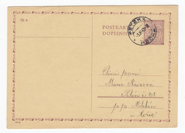 Böhmen und Mähren Postkarte Ganzsache von Petzka Pecka nach Miletín 1941