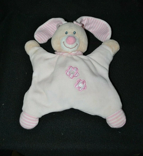 Peluche doudou lapin semi plat BOUT'CHOU MONOPRIX rose fleurs grelot NEUF