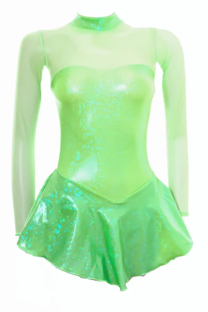 Skating Dress-FLUORESCENT GREEN HOLOGRAM / FLO GREEN MESH- ALL SIZES LS - (S106)