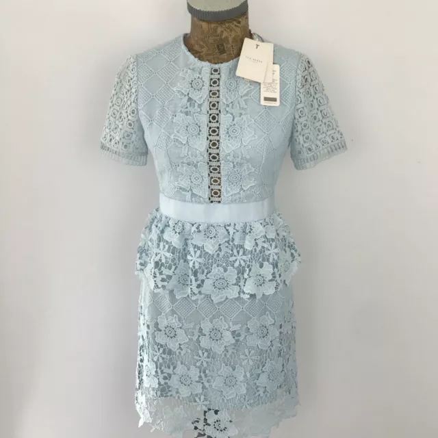 TED BAKER KLEID Größe 1 8 NEU BABY BLAU Blumenmuster Spitze Short Skater formell brandneu mit Etikett £ 249